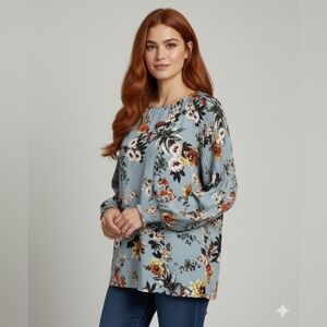 a.n.a (A New Approach) Smocked Blue Long Sleeve Floral Blouse Size Large 🥳HP🥳